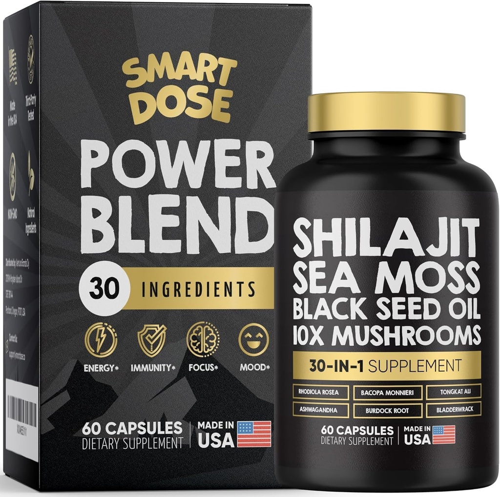 Power Blend Capsules - 30-en-1 supplément ensemble avec Shilajit 6000mg, Sea Moss 4000mg, Black Seed Oil 4000mg, Ashwagandha 2000mg, 10x champignons, Tongkat Ali, Maca, pilules holistiques Combo