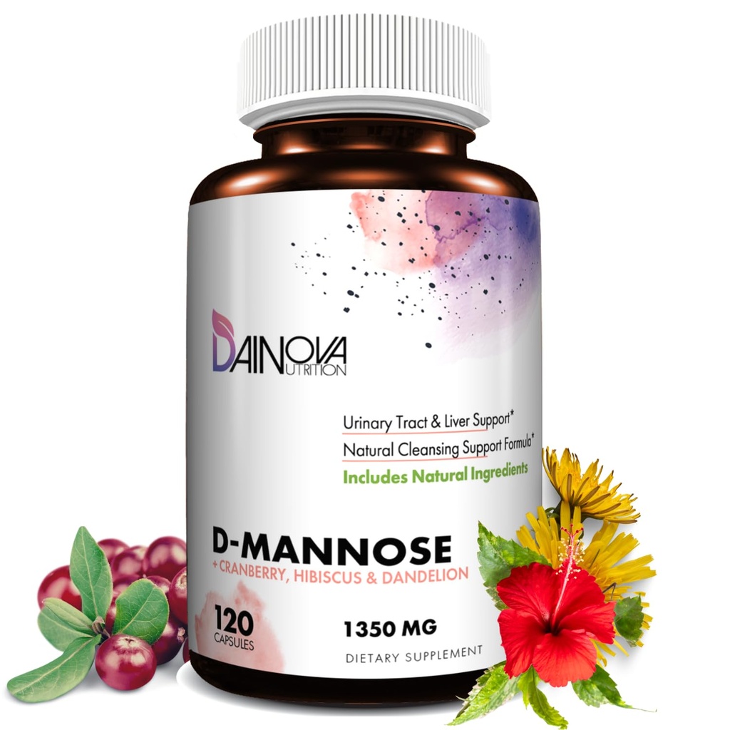Dainova D Mannose 1350mg avec Cranberry I D-Mannose Capsules pour la prévention de l'ITU, le soutien du trac urinaire, la santé du trac urinaire pour les femmes et le nettoyage. W/Hibiscus & Dandelion, 120 gélules de Veggie