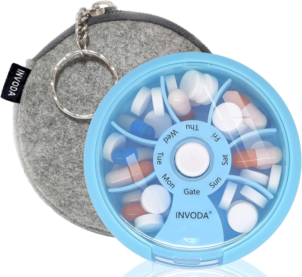 INVODA Wöchentliche Pille Organizer 7 Kompartment rotierende Pille Box für tägliche Medikamente & Vitamine - Tragbare Reise Pille Fall Fischöl Nahrungsergänzungsmittel Vitamine Organizer (Blue+Bag)