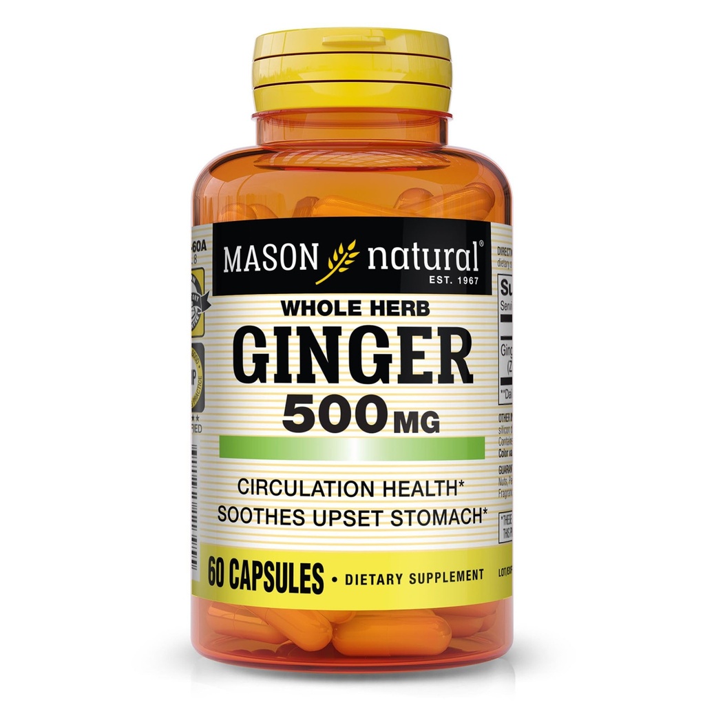 MASON NATURAL ganze Kräuter Ginger 500 mg, 2 Monate Versorgung, natürliche Kräuterergänzung, 60 Kapseln