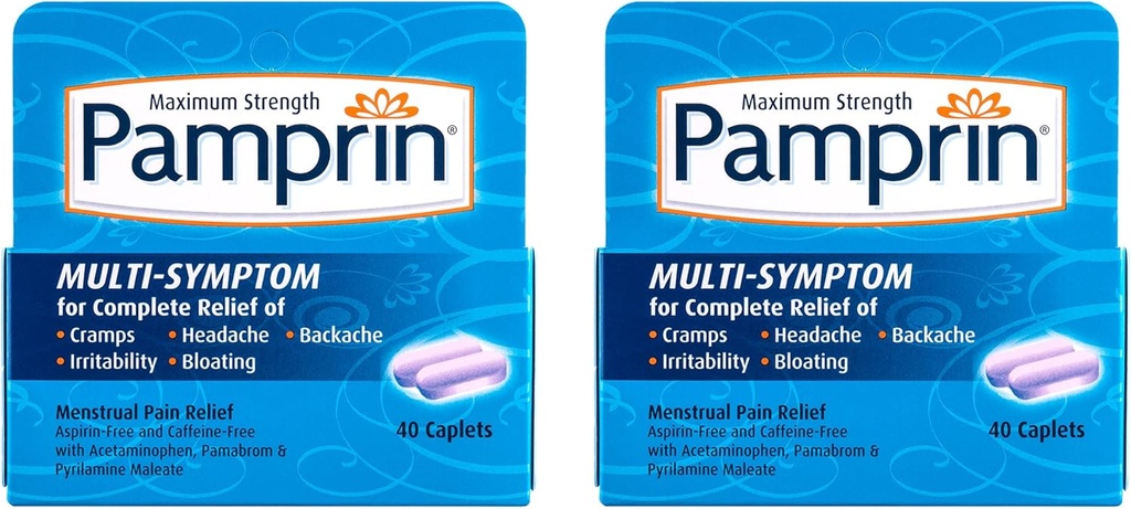 Formule multisymptômes de la pamprine, avec acétaminophène, soulagement des symptômes de la période menstruelle, y compris les crampes, la douleur, l'irritabilité et le gonflement, 40 capsules (paquet de 2)