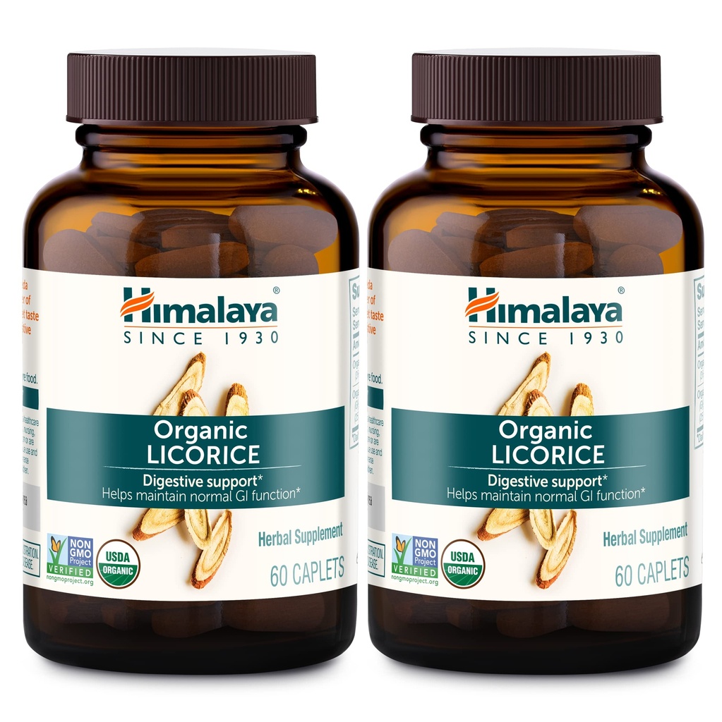 Himalaya Organic Licorice, 120 giorni di alimentazione - Integratore di salute digestivo per l'upset Stomach, Bloating occasionale e Heartburn - USDA Organic, Vegan, Non-OGM, Non-DGL, Senza glutine, 60 Caplets, 2 Pack