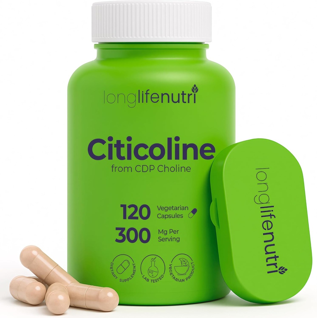 LongLifeNutri Citicoline (CDP-Choline) 300 mg, 120 capsule vegetariane, alimentazione a 4 mesi, certificazione GMP, Made in USA