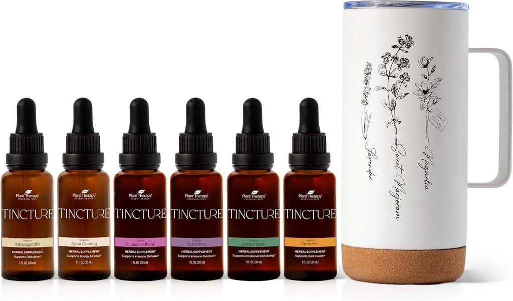Pacchetto di tintura totale di terapia vegetale comprende 30 mL Ciascuno di Ashwagandha organico, Ginseng asiatico, Miscela di Echinacea, Mirtillo di Echinacea, Balm di limone, Tazza di viaggio e di Turcuma