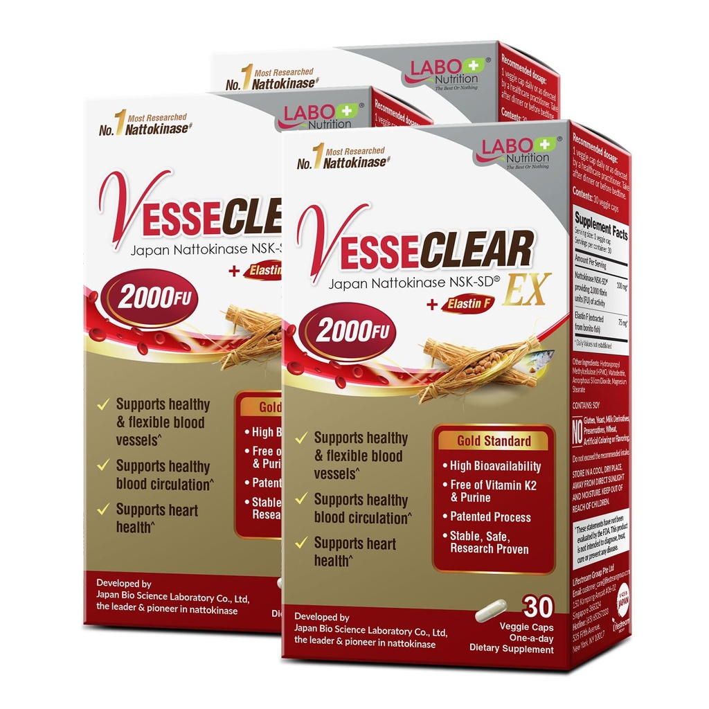 LABO Nutrition VesseCLEAR EX: Nattokinase NSK-SD+Elastin F für sauberes und flexibles Blutgefäß. Japan's Most Clinical Studyd, Functional Dose, Acid-Resistant/Delayed Release Capsules, 90 Count