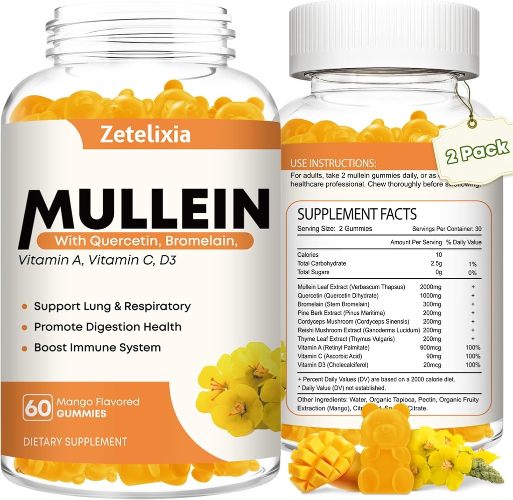 Gummie di Mullein per polmoni chiari, 10 in 1 Estratto di foglie di Mullein per polmoni, Gummie di quercetina di Mullein per la pulizia polmonare, Respiratorio, Immunità, Mango Sapore, 120 Conte