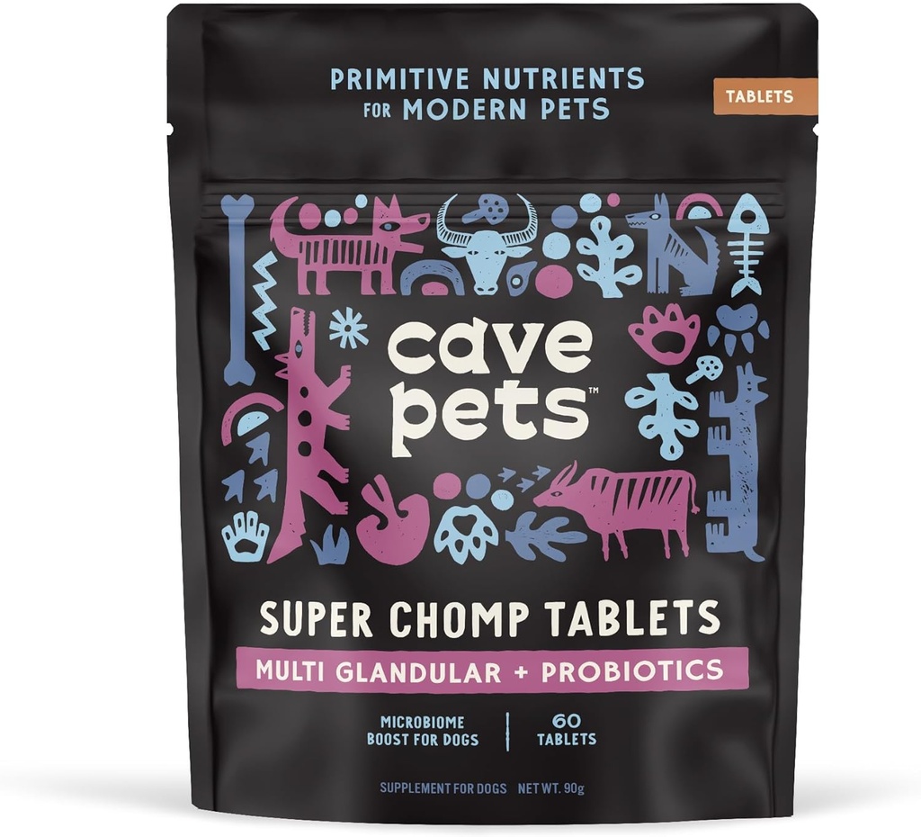 Animaux de la Grotte, Comprimés Super Chomp, Supplément Probiotique Chien pour la Santé Digestive, Multi-Glandulaires et Probiotiques, 60 Comprimés