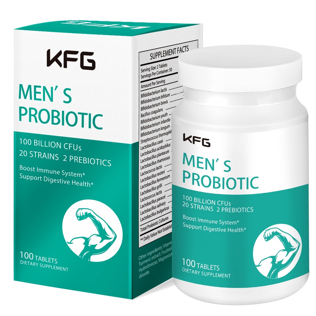 KFG Probiotic Supplemento 100 miliardi di CFU, 20 Strains, 2 Prebiotici e Enzimi Digestivi, Supporti Digestione, Supporto Immune, Salute Gut e Metabolismo, Non OGM, Gluten & Soy Free, 100 compresse
