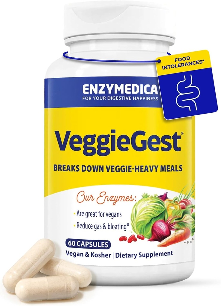Enzymedica, VeggieGest, Verdauungsenzyme, unterstützt schädliches Gas- und Bloating Relief von hochfaserigen Mahlzeiten, für vegane und vegetarische Ernährung, Enzymmischung für Verdauungsgesundheit, 60 Zähler