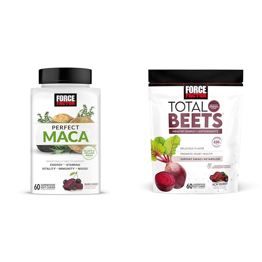 Facteur de force Maca & Beet Soft Chews Bundle avec 60 Maca Chews et 60 Beet Chews pour l'énergie, l'endurance et la santé cardiaque