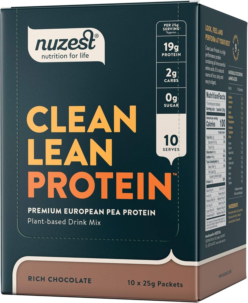 Nuzest - Poudre de protéines de pois - Protéines propres, Poudre de protéines à base de plantes végétales premium, Sans lait, Sans gluten, Sans OGM, Agiter les protéines, Chocolat riche, 0,9 oz, (paquet de 10)