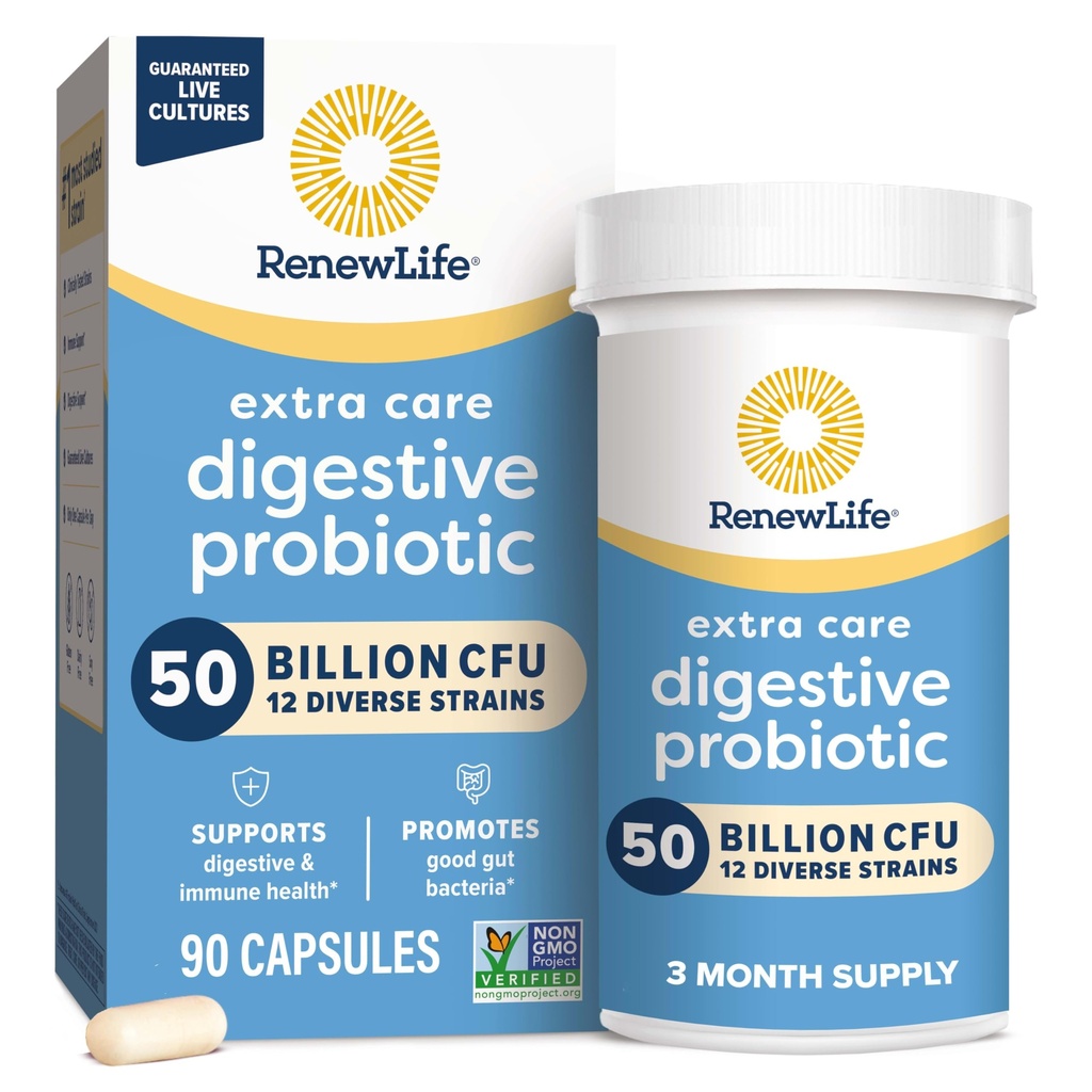 Rinnovare la vita Extra Care Digestive Probiotic Capsule, 50 miliardi di CFU Garantito, Supplemento giornaliero Supporta Immune, Digestivo, Salute Respiratoria(1), L. Rhamnosus GG, Latticini, Soia e Gluten-Free, 90 Conte