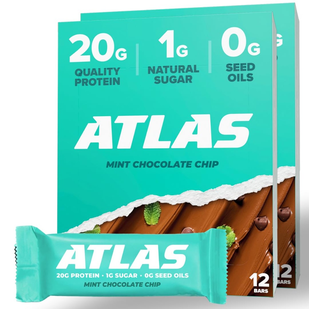 Atlas Protein Bar, 20g de protéines, 1g de sucre, ingrédients propres, sans gluten, croustilles de chocolat à la menthe (12 Compte, paquet de 2)