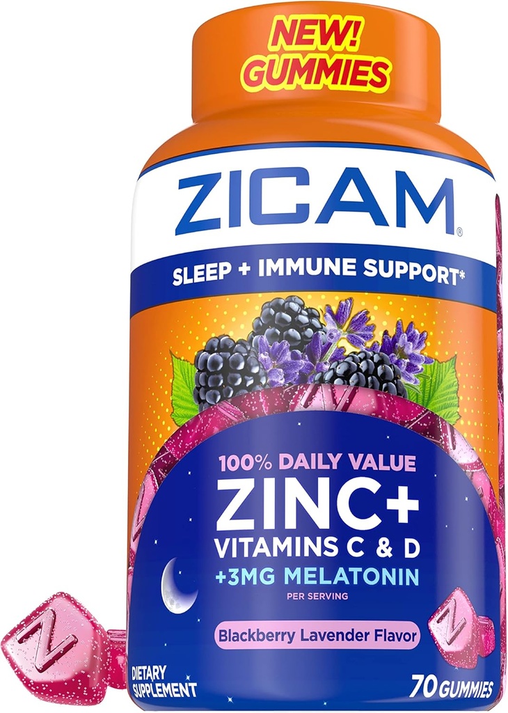 Zicam Schlaf + Immununterstützung. Zink, Gummy Supplement, BlackBerry Lavender Flavor, Vitamin C und Vitamin D, 3mg Melatonin pro Servierung, 70 Count