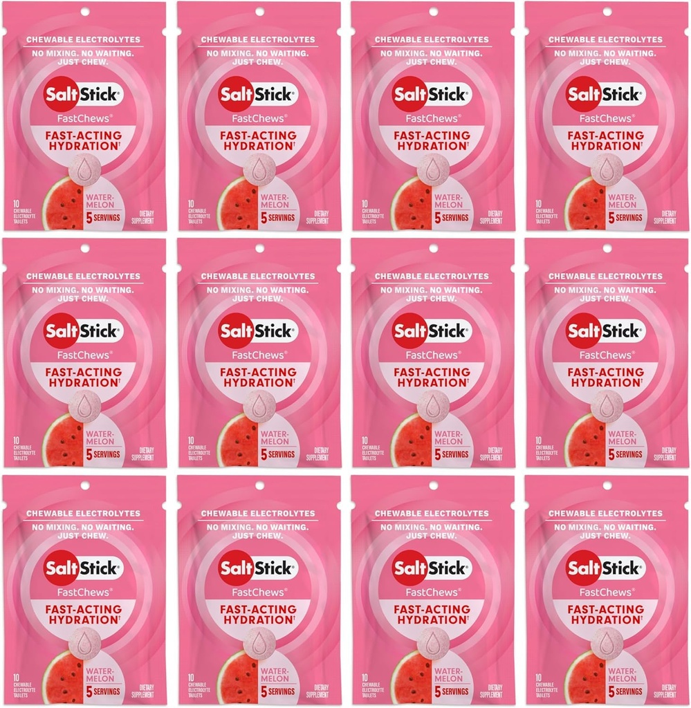 SaltStick Electrolyte FastChews - 120 Comprimés de pastèque - Comprimés d'électrolyte pour l'hydratation, comprimés de sel - 10 Comprimés (paquet de 12)
