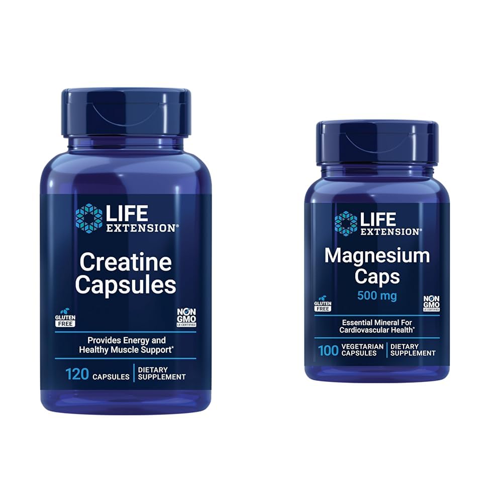 Lebensverlängerung Creatine Kapseln 120 Count & Magnesium Caps 500mg 100 Count - Muskelkraft, Herzgesundheit