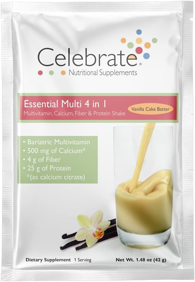 Celebrate Vitamine 4-in-1 Bariatric Multivitamin mit Calcium Citrate Protein Shake, 500mg Calcium, für Post Bariatric Surgery, Vanilla Cake Batter, 15 Single Serve Packets