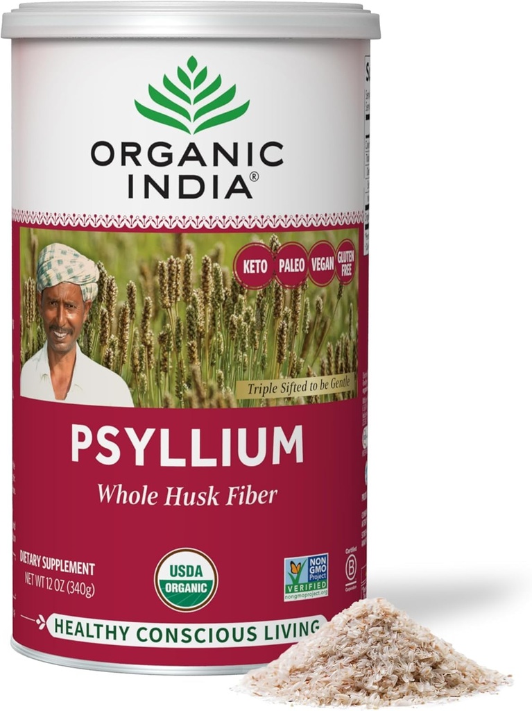 ORGANIC INDIA Polvere di Husk di Psyllium organico - Supplemento di fibra di Psyllium Husk, supporto di digestione, Vegan, senza glutine, non OGM, fonte di fibra solubile e insolubile - 12 oz (pacchetto di 1)