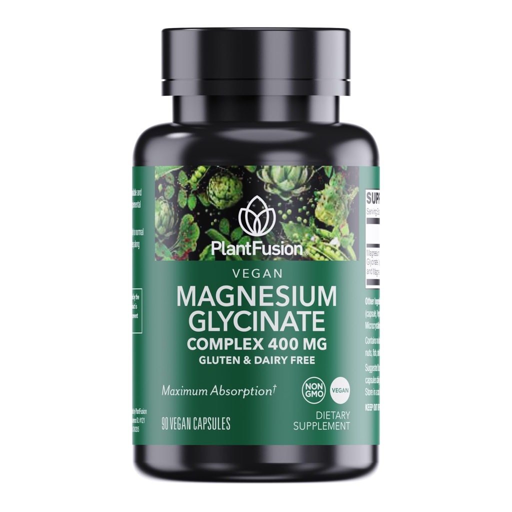 PlantFusion Complexe de glycinate de magnésium végétalien 400 mg - Absorption élevée et biodisponibilité - Chélaté - Soutient la relaxation musculaire, le sommeil, la santé cardio, le soulagement du stress et la production d'énergie - Non OGM