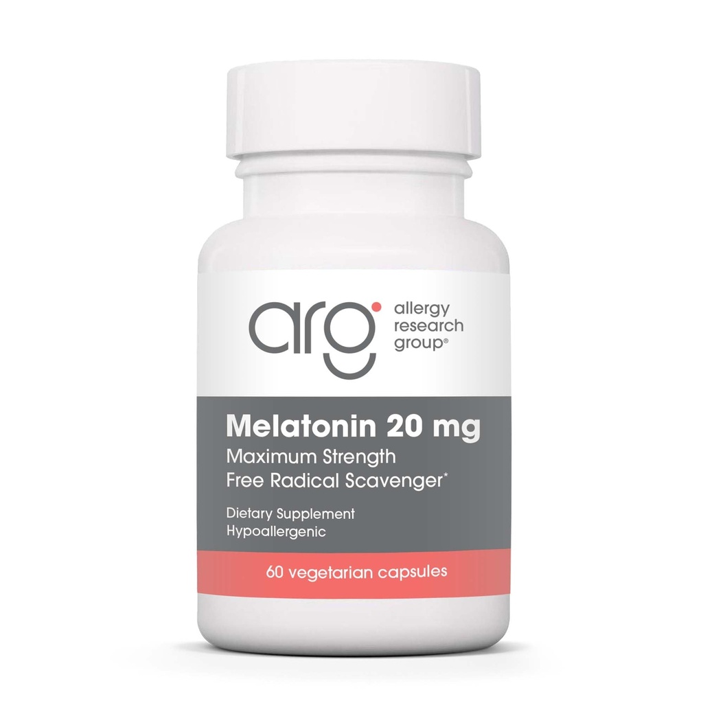 Allergy Research Group Melatonin 20mg - Pure Melatonin, Extrastärke für Erwachsene, Schlafhilfe, High Dose, Vegetarische Kapseln - 60 Count
