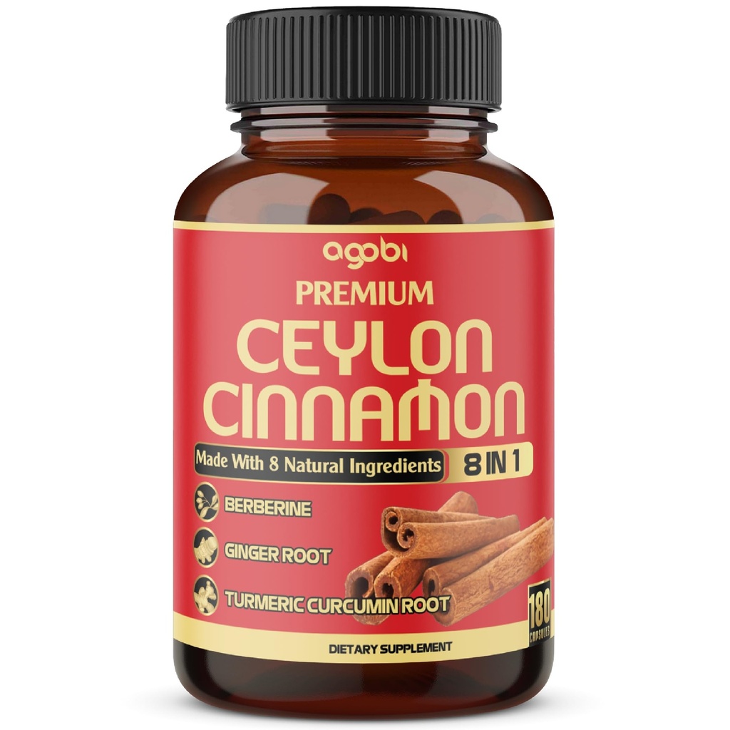 Premium Ceylon Cinnamon mit Berberine-Ergänzung - 8in1 Kurkuma, Ingwer, Gymnema & More - Body, Heart & Overall Vitality - 180 Kapseln