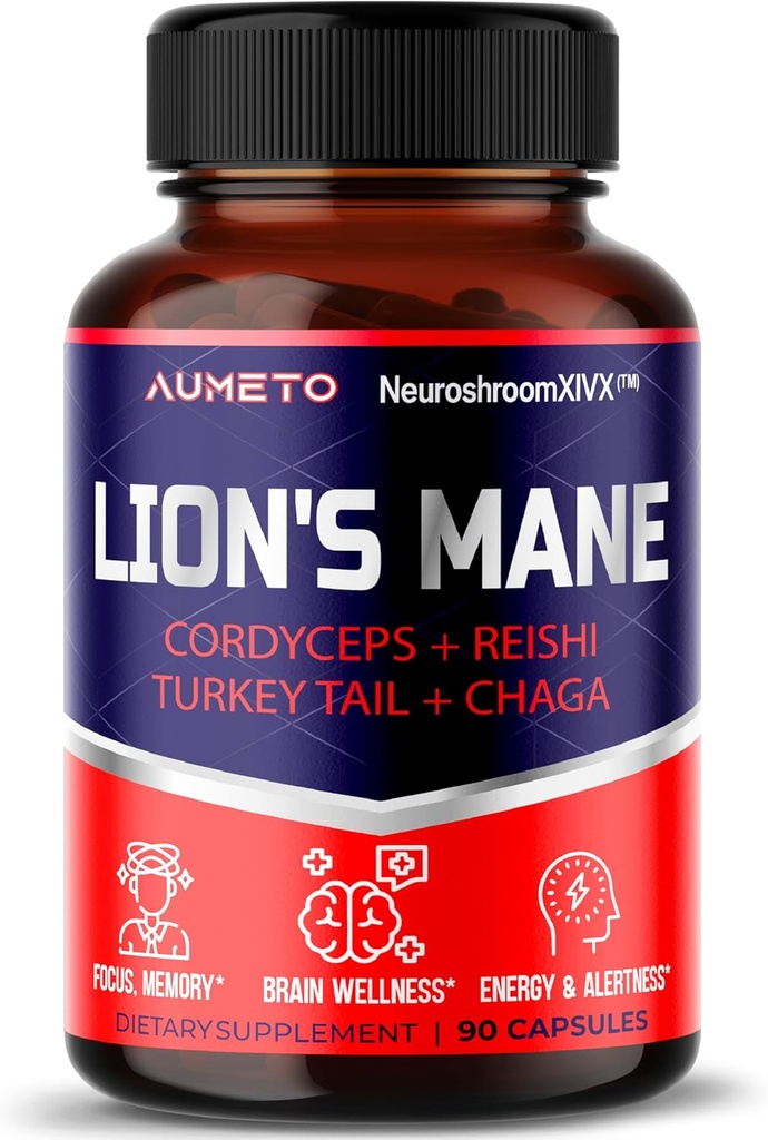 Lions Mane Supplément Capsules 40% Polysaccharides avec Cordyceps, Reishi, Turkey Tail, Chaga Champignon Complexe - Sans caféine 18 en 1 Supplément Cerveau pour mémoire et focus