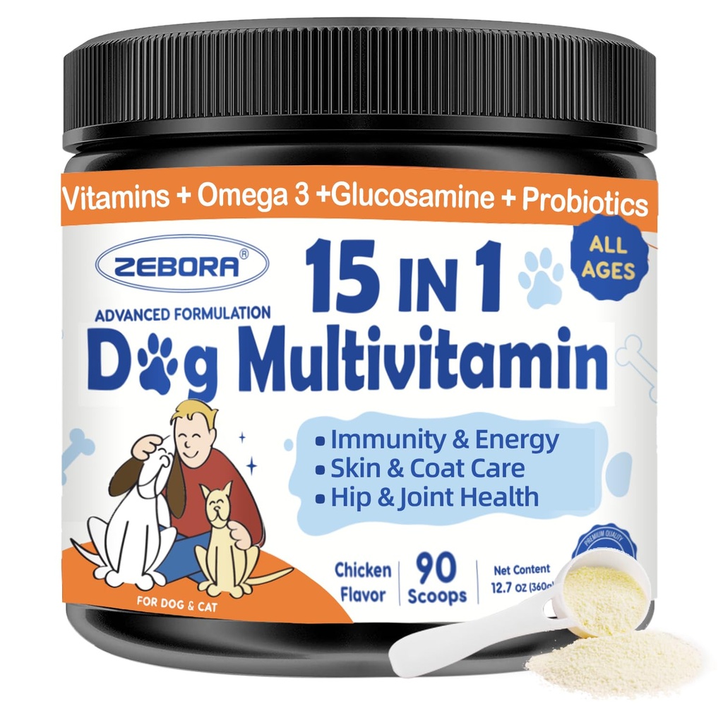 ZEBORA Poudre multivitamine de chien avec Glucosamine, Vitamines de chien et suppléments pour le soutien immunitaire, la peau et le supplément de manteau avec Omega 3 pour le soulagement de l'allergie, probiotiques pour la santé digestive et Gut