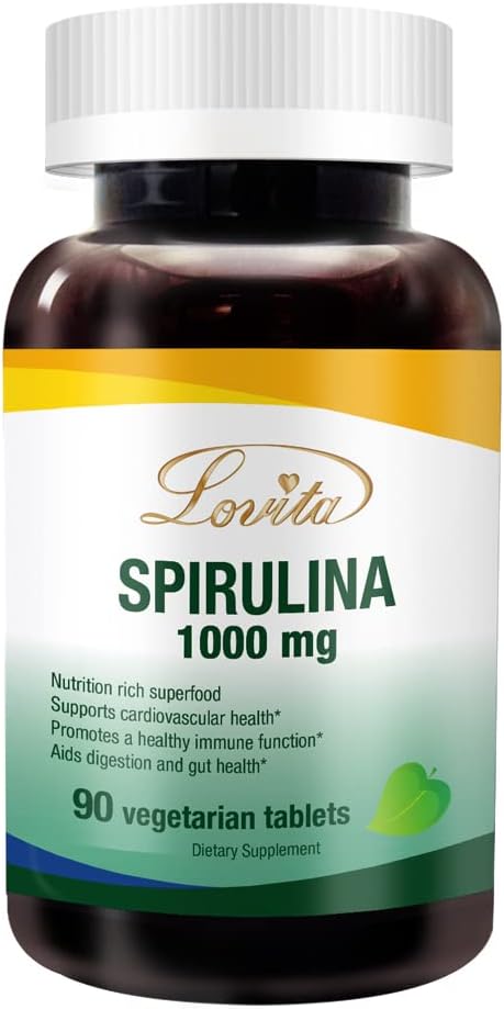 Lovita Organic Spirulina 1000mg per Tablet, Natural Multivitamin Superfood, 100% Vegan Spirulina Tablets, Non irradiato, 90 compresse vegetariane