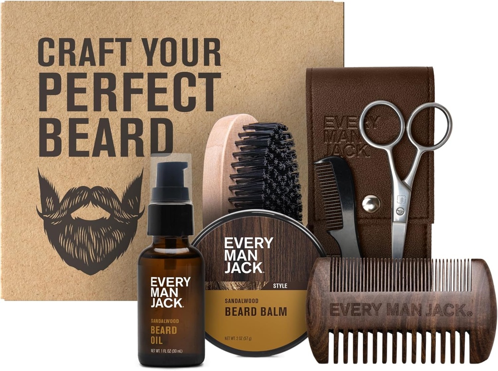 Jeder Mann Jack Beard Grooming Kit für Männer - Inklusive Sandalwood Bart Öl & Bart Balm, Bart Brush, Holz Dual-Seiten Comb, Trimming Scheren und Schnurrbart Comb