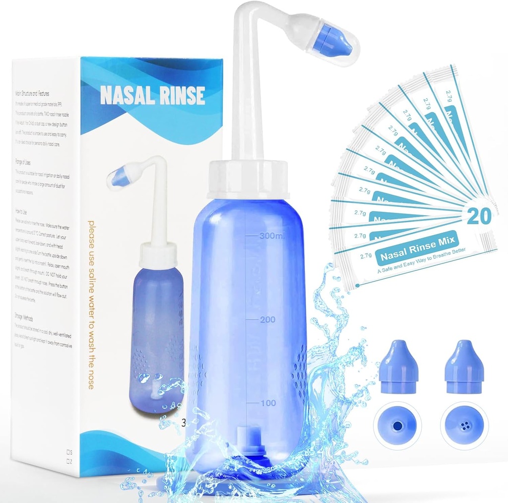 Neti Pot Sinus Rinse Bouteille - Nettoyant Nasal doux Nez de bouteille pour une pression efficace Irrigatio 300 ML avec 20 sachets de sel de lavage nasal