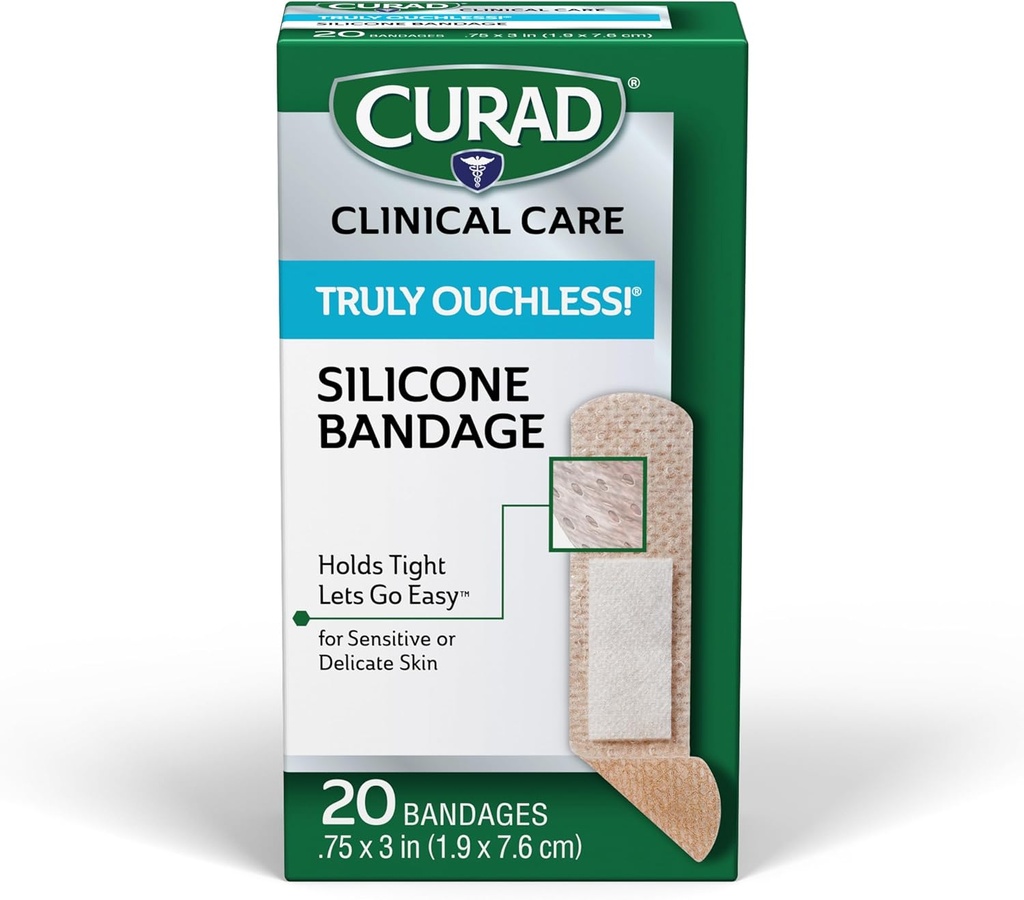 CURAD Truly Ouchless!® Silicone Bandages, .75" x 3", Per pelle sensibile o delicata, Tessuto flessibile, Protegge Raschi, Tagli & Burns, 20 Conte