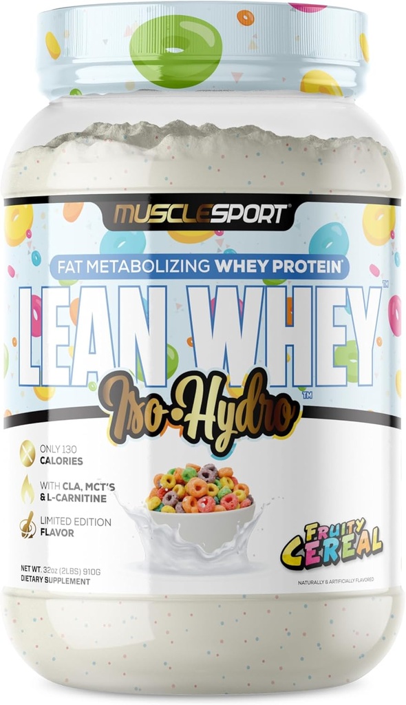 Musclesport Lean Whey RevolutionTM Poudre de protéines - Isolation de protéines de lactosérum - Faible teneur en calories, faible teneur en glucides, faible teneur en gras, colorants incroyables - 25g de protéines par scoop (2lb, céréales fruitées)