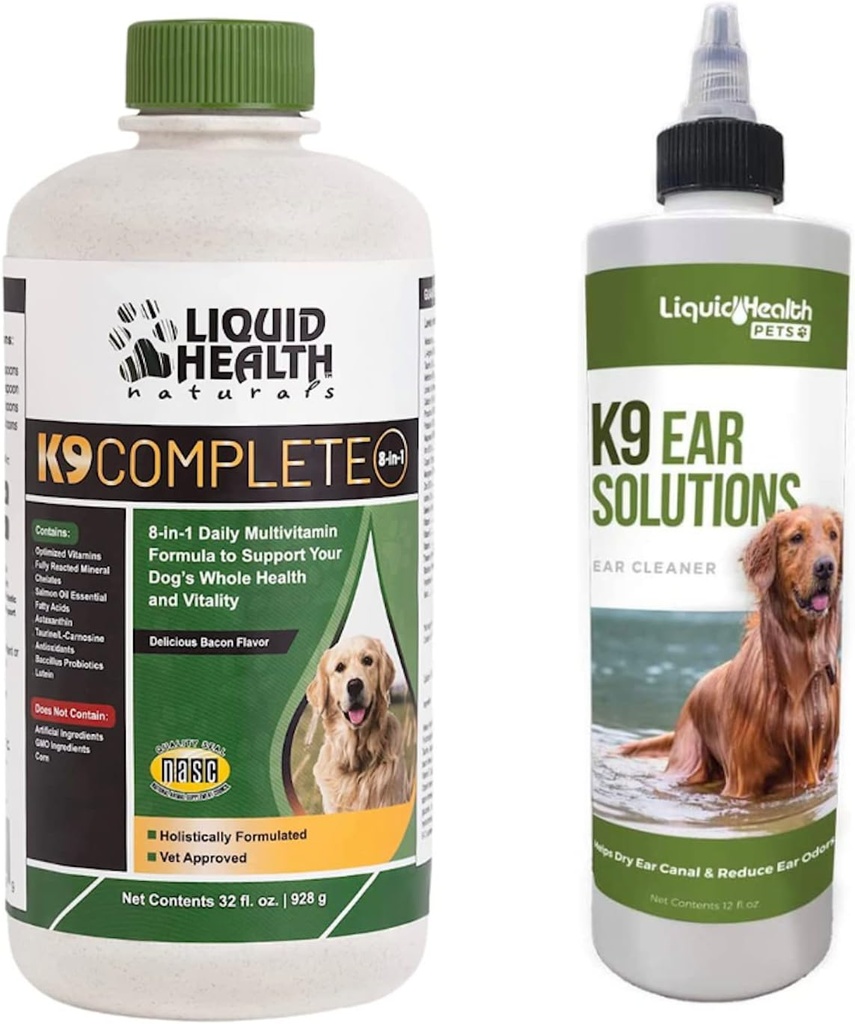 LIQUIDHEALTH Animaux K9 Multivitamine complète 8-en-1 pour tous les chiens et les chiots et K9 Solutions de lavage d'oreille - Trousse de complément santé pour animaux de compagnie pour le soutien articulaire et immunitaire, traitement de nettoyage d'oreille de chien - Fabriqué aux États-Unis