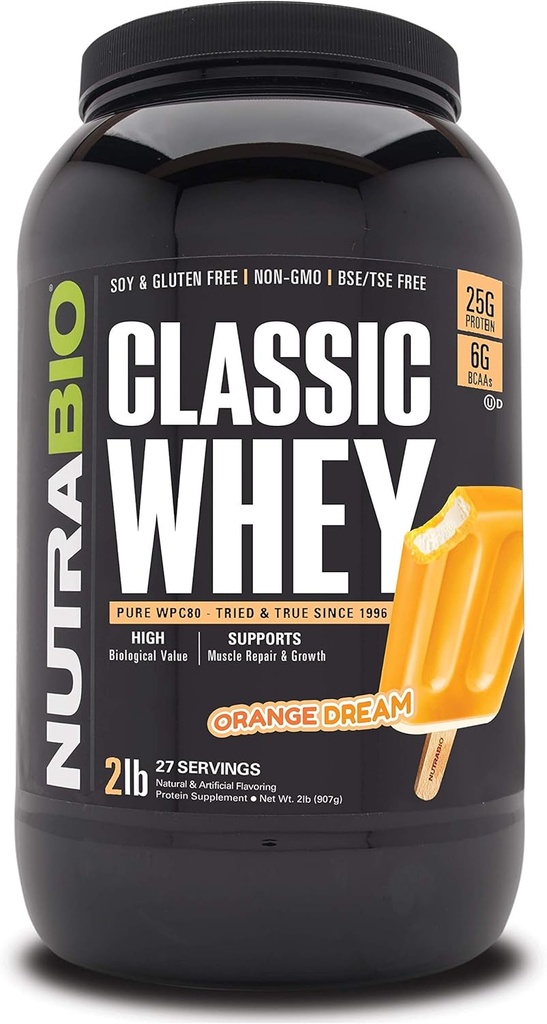 NutraBio Classic Whey Protéine Poudre- 25G de protéines par scoop - Profile d'acide amino plein spectre - Pas de remplissage, Couleurs artificielles, Préservatifs - Rêve orange, 2 livres