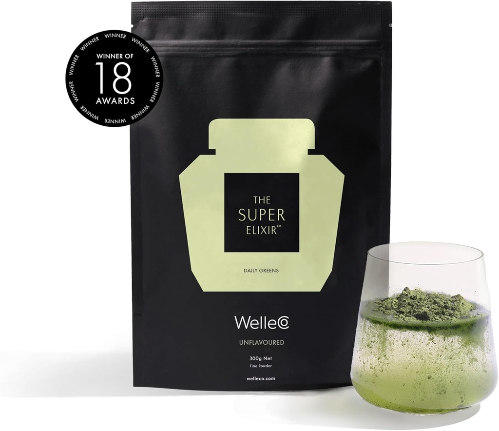 WelleCo Il Super Elixir Daily Greens Polvere, Probiotic Drink Mix con Whole Foods, Gluten Free, Vegan Gut Health Powder, Energy, Immunity, Healthy Skin, Hair & Nails (300g, Unflavored)