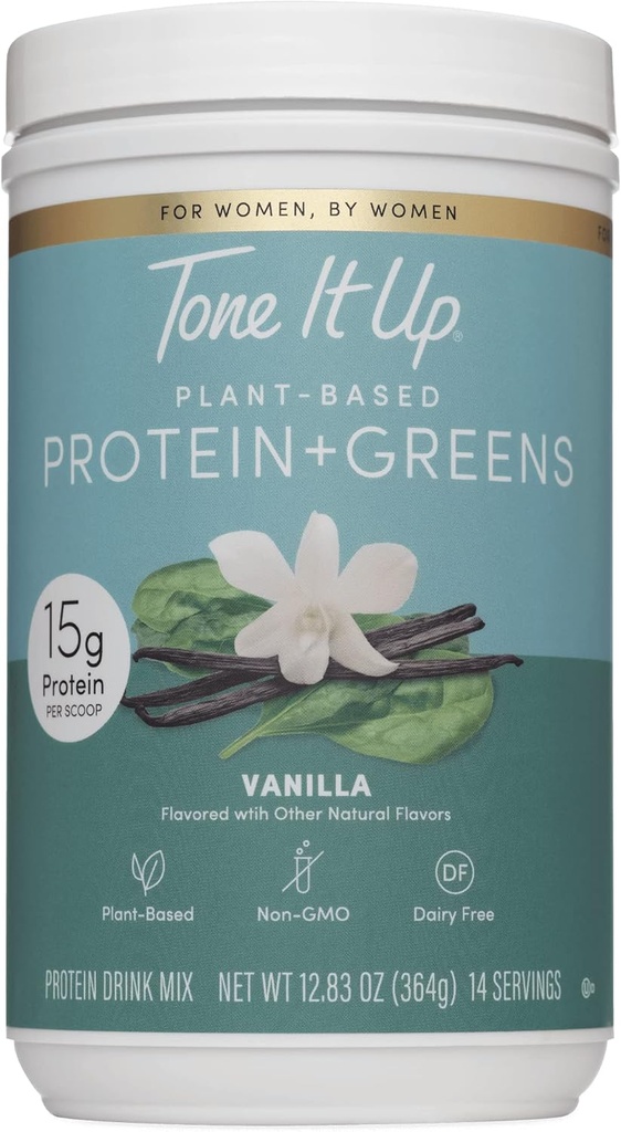Tone It Up Plant Based Protein Powder + Greens I Dairy Free, Kosher, Non-GMO Pea & Kürbis Samenprotein für Frauen I 14 Servierungen, 15g Protein – Vanille