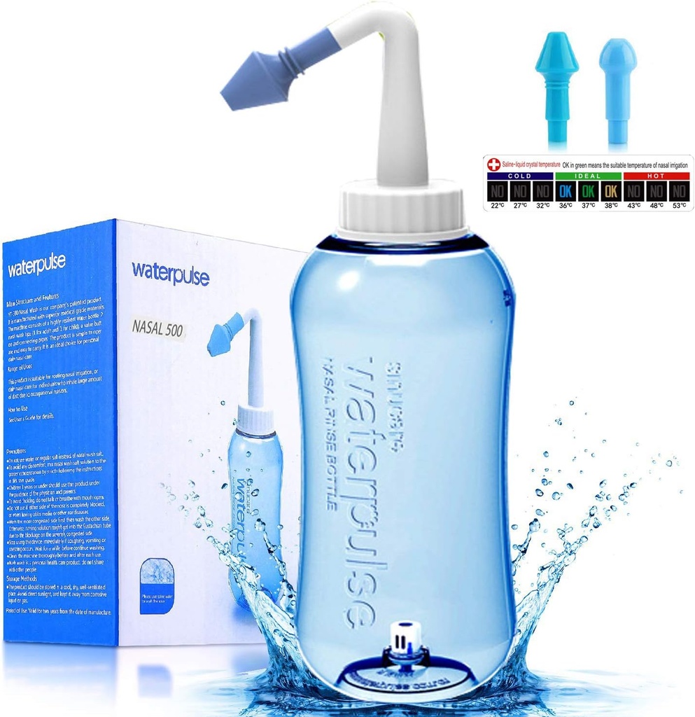 Darate Neti Pot Sinus Rinse Bottle, Nasenreiniger Druck Rinse Nasal Bewässerung für Erwachsene & Kind BPA Kostenlos mit Aufkleber Thermometer (500ML)