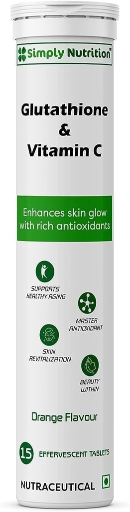 Glutathion mit Vitamin C, für gesunde und jugendliche Haut - Abende Hautton für Männer & Frauen. Zuckerfrei, Orange Geschmack, 15 Brausetabletten (Pack von 1)