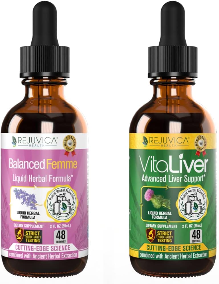 Rejuvica Santé Équilibré Femme + VitaLiver - Soutien Équilibre Féminin + Foie Soutien- Livraison liquide pour une meilleure absorption - Thistle de lait, Dong Quai, Artichoke, Maca, Dandelion et plus!