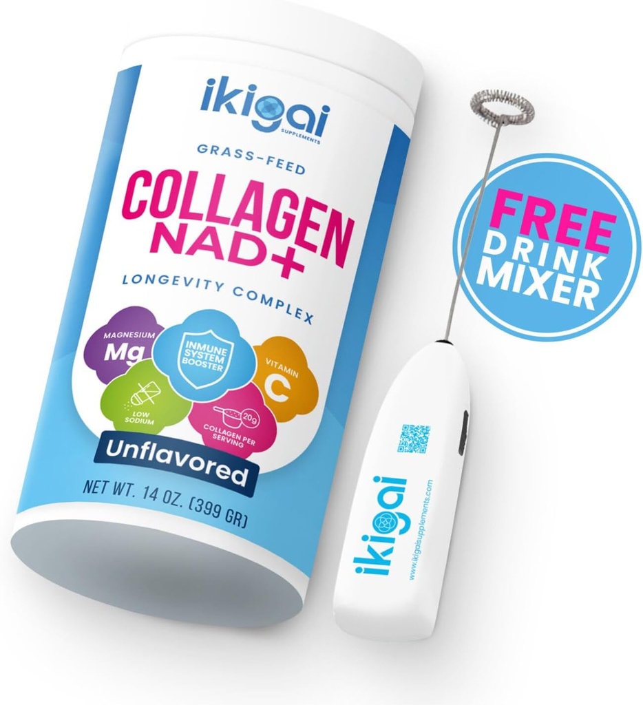 Collagène Ikigai avec NAD+ (30 portions) - Non-OGM, sans gluten, Paléo, Kosher - Pas d'arôme, comprend mélangeur de boisson gratuite