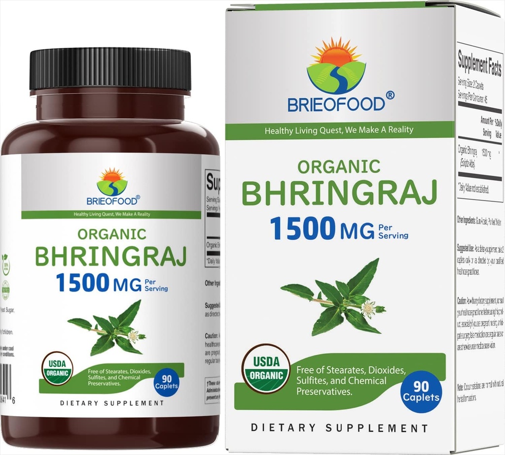 Brieofood Bio Bhringraj 1500mg, 45 portions, végétarien, sans gluten, 90 comprimés végétariens
