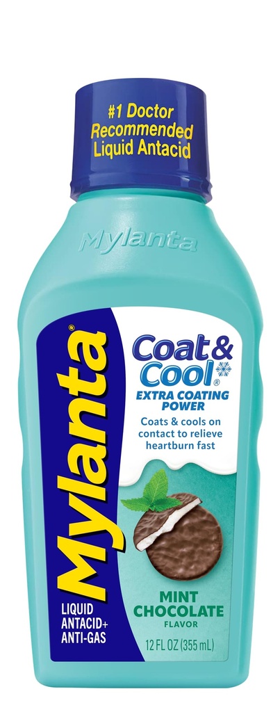 Mylanta Heartburn and Gas Relief, Antiacide liquide, Coat & Cool Formula, Mint Chocolate Flavor, 12 Fl Oz
