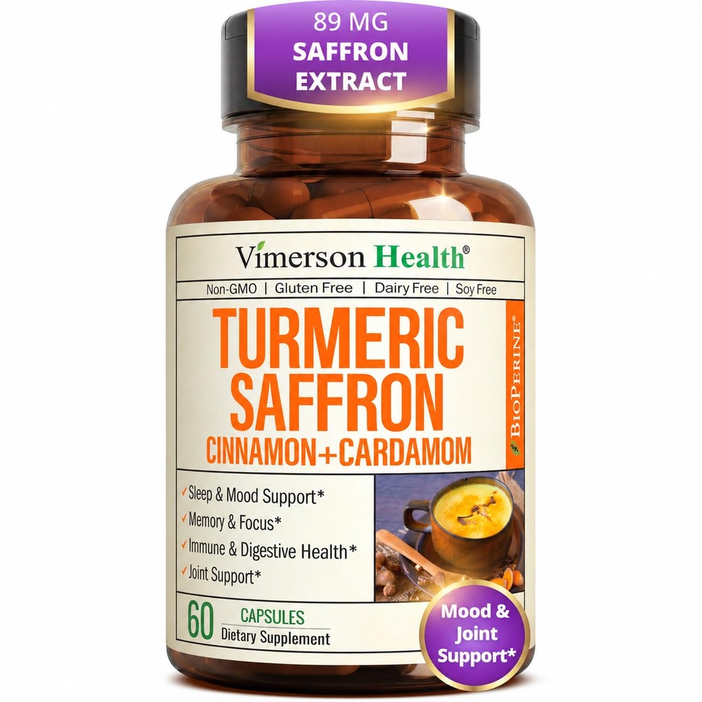 Suppléments de safran – 89mg Extrait de safran et 1000mg Mélange tumérique – Supplément curcuma avec cannelle Ceylan et cardamome pour l'humeur, la mémoire et la santé des yeux – Suppléments articulaires pour les femmes et les hommes – 60 Comte