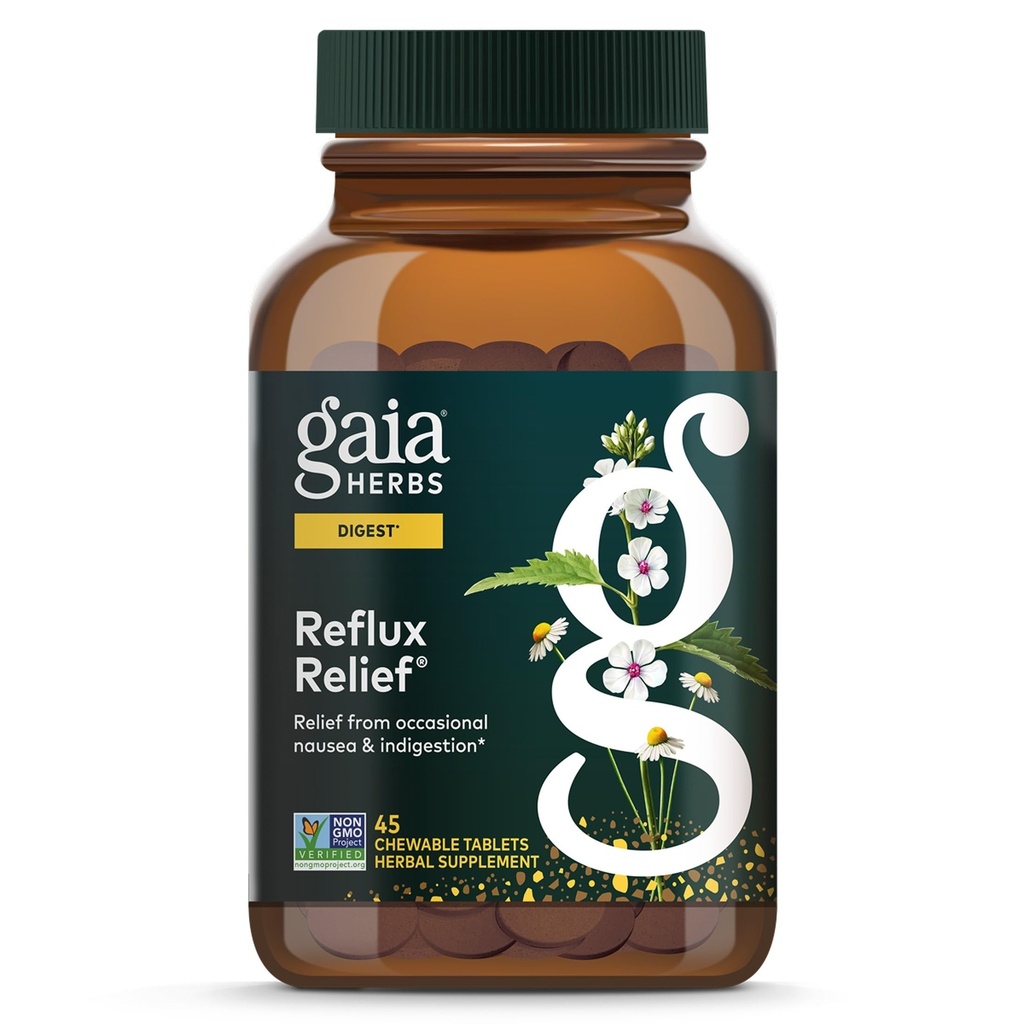 Gaia Herbs Relief Relief - avec la racine de marshmallow, la camomille, l'aloès, la réglisse et la potence élevée - aide avec les brûlures d'estomac occasionnelles et l'indigestion de soulagement - 45 comprimés à croquer (approvisionnement de 45 jours)