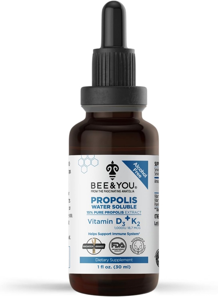 BEE und Sie flüssige Propolis Extrakt, Wasser löslich, Vitamine D3+K2, hohe Potenz, Immununterstützung Ergänzung, Sore Throat Relief, Antioxidantien, Keto, Paleo, Glutenfrei, 1 Fl Oz (1 Packung)