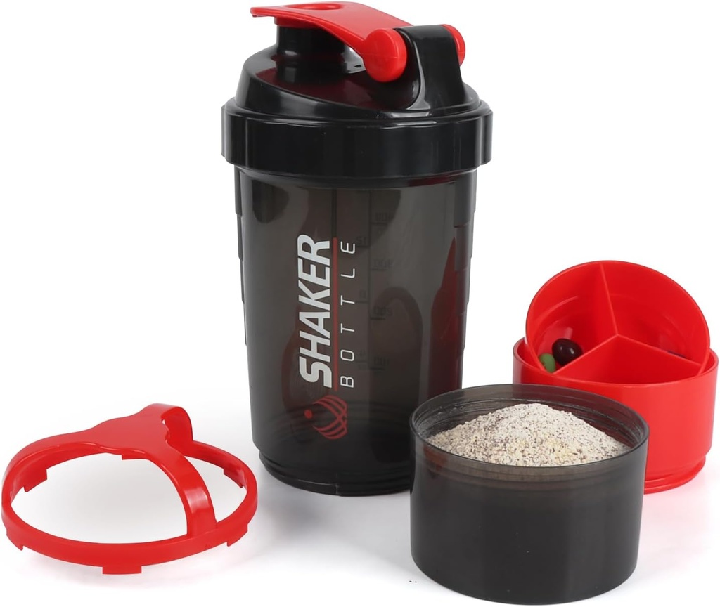 Shaker Bottle,16oz Protein Shaker Bottles mit Mischkugel, 3 in 1 Leak-proof GYM Shake Cup mit Pulverspeicher & Pill Tray, Ideal für Workout, BPA Free(Red)