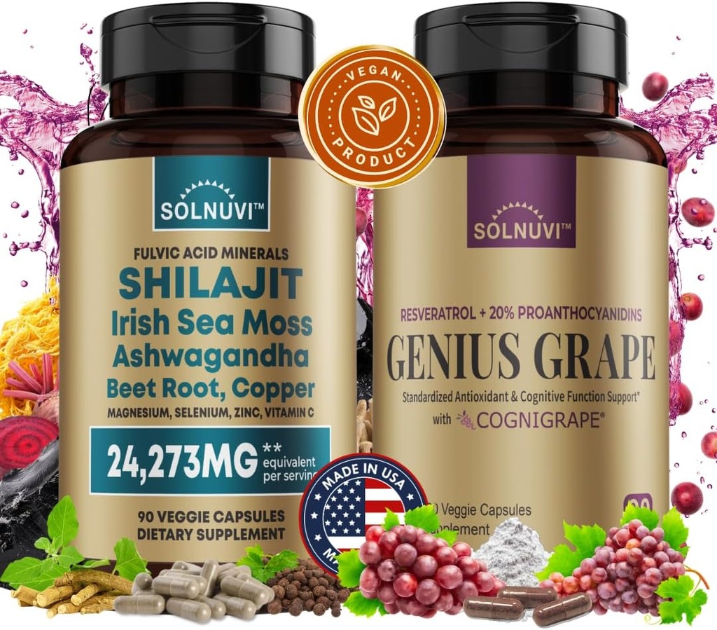 Kognitive Wellness Bundle - Resveratrol Complex & Shilajit Fulvic Acid Minerals - Sea Moss, Ashwagandha, Klinisch getestet Cognigrape Red Grape Extract - Non-GMO, Glutenfrei, Vegan Supplement