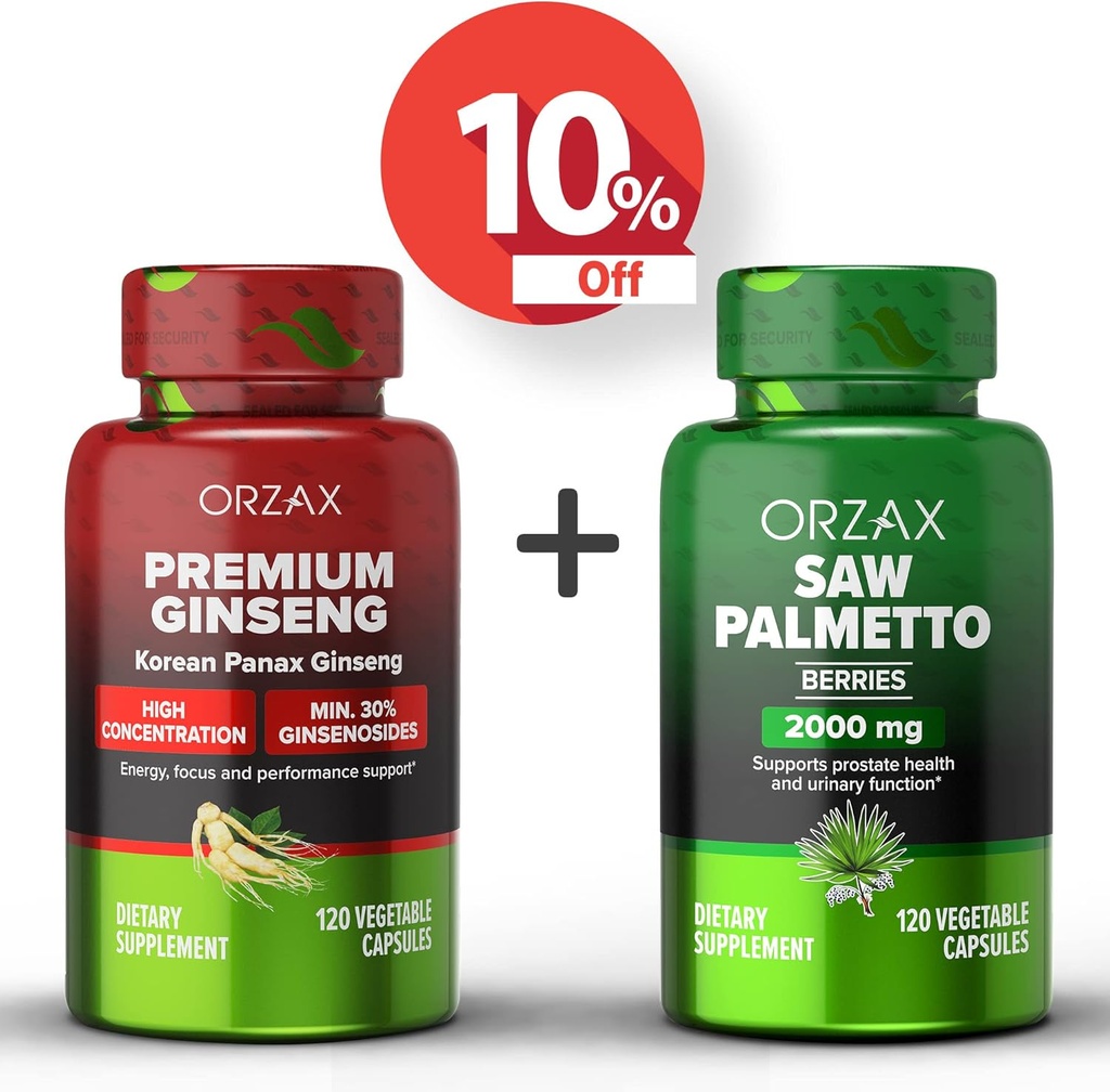 ORZAX Ginseng, 30% Ginsenosides 120 Vegatable Capsules and Saw Palmetto 2000 mg 120 Gemüsekapseln, Bundle