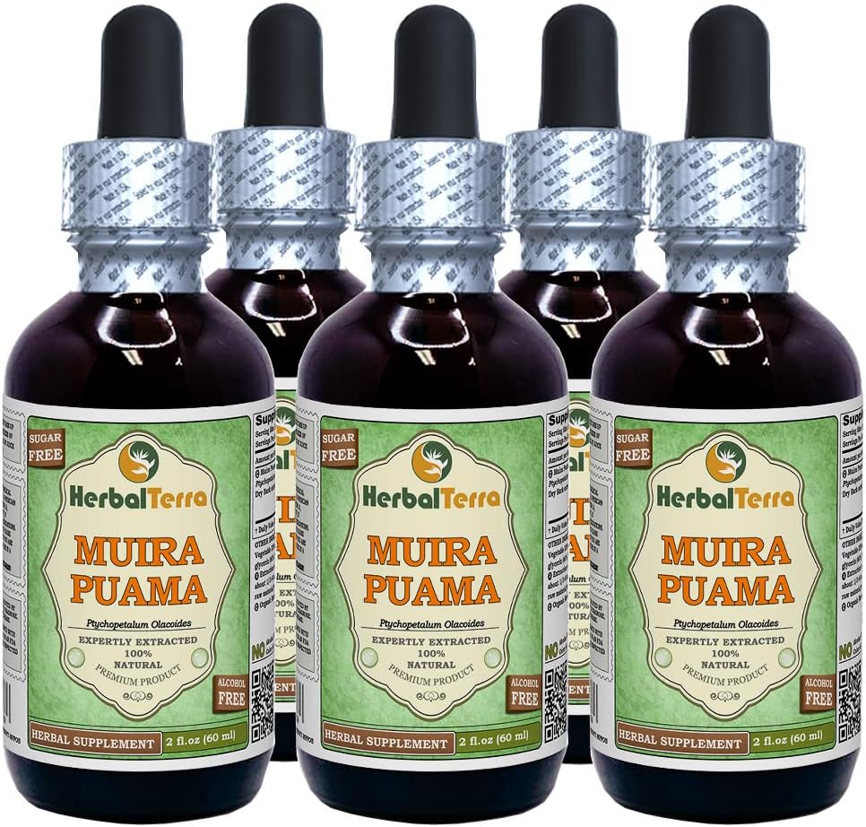 Muira Puama (Ptychopetalum Olacoides) Glycerit, Organic Alcohol-Free Liquid Extract (Markenname: HerbalTerra, Proudly Made in USA) 5x2 fl.oz (5x60 ml)