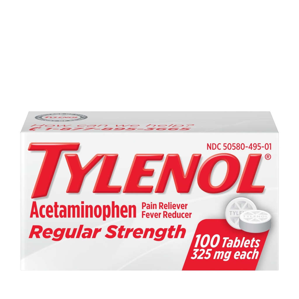 Tylenol Comprimés à concentration régulière avec 325 mg d'acétaminophène, Réducteur de fièvre et soulagement de la douleur pour les maux de tête, les maux de dos, les douleurs musculaires, les douleurs articulaires et les crampes menstruelles, 100 ct